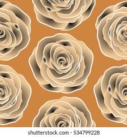 Illustration of floral decoration. Seamless vector pattern with orange, black and beige roses. Design of flowers in vintage style.