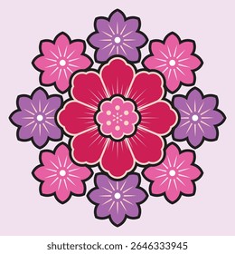 Illustration of a floral design with pink and purple flowers arranged in a circular pattern