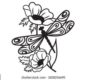 Illustration of floral dragonfly. Decorative beautiful flower arrangements with insects. Botany. Vector illustration for trendy t-shirt design. Line art. Tattoo.