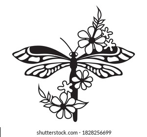 Illustration of floral dragonfly. Decorative beautiful flower arrangements with insects. Botany. Vector illustration for trendy t-shirt design. Line art. Tattoo.
