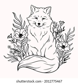 Illustration of floral fox. Portrait fox with flowers. Design of T-shirt print. Cute forest animals in flowers. Tattoo.