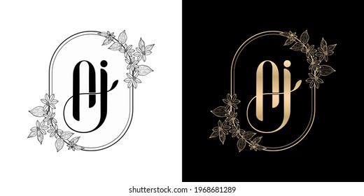 illustration of floral frame for AJ or AI initial letter and graphic name, Monogram, for Wedding couple symbolic, company and icon business, with two colors variation designs monochrome and golds.