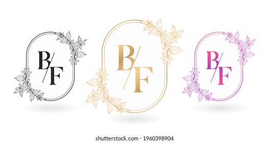 illustration of floral frame for BF initial letter and graphic name, B and F Monogram, for Wedding couple symbolic, logo company and icon business, with three colors variation designs