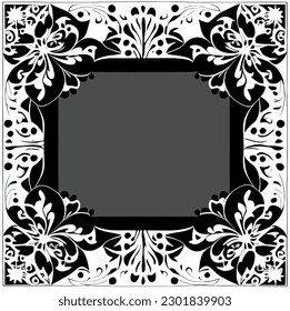 Illustration of floral frame with black and white ornament on  background.Black and white floral frame for your design.vintage floral frame on background with space for text or image