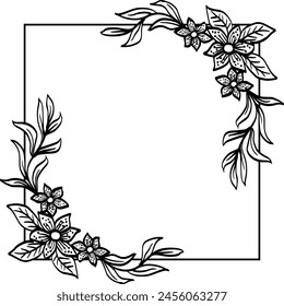 Illustration of floral frame with black and white flowers on white background