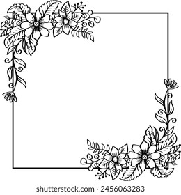 Illustration of floral frame with black and white flowers on white background