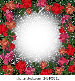 Illustration of floral frame with colorful abstract roses and background 