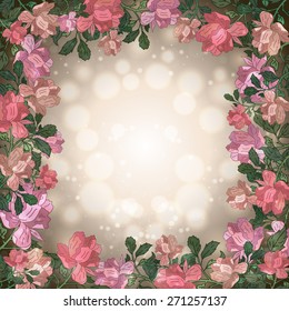 Illustration of floral frame with colorful abstract roses and glittered background
