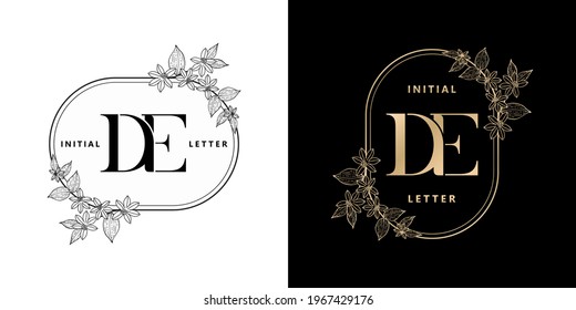 illustration of floral frame for DE initial letter and graphic name, D and E Monogram, for Wedding couple symbolic, company and icon business, with two colors variation designs monochrome and golds.