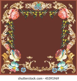 illustration with floral frame decoration on brown background