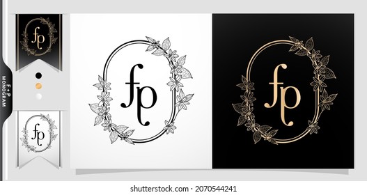 illustration of floral frame for FP or PF initial letter and graphic name, Monogram, for Wedding couple symbolic, company and icon business, with two colors variation designs monochrome and golds.