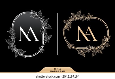 illustration of floral frame for NA initial letter and graphic name, Monogram for Wedding couple symbolic, company and icon business, with two colors variation designs black white and golds.