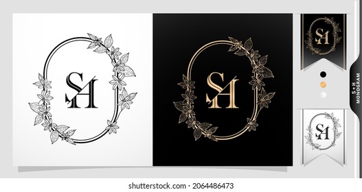 illustration of floral frame for SH or HS initial letter and graphic name, Monogram, for Wedding couple symbolic, company and icon business, with two colors variation designs monochrome and golds.