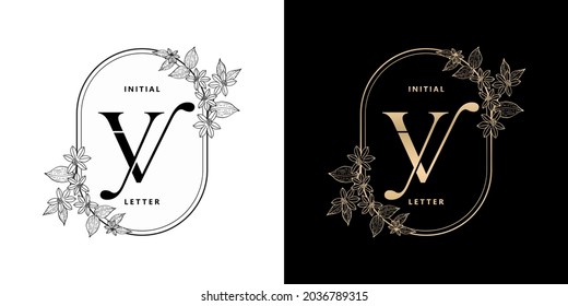 illustration of floral frame for VY or YV initial letter and graphic name, Monogram, for Wedding couple symbolic, company and icon business, with two colors variation designs monochrome and golds.