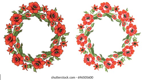 illustration of floral frame with a wreath of red poppies on a white background