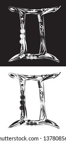 illustration of Floral gemini zodiac sign in white and black colors