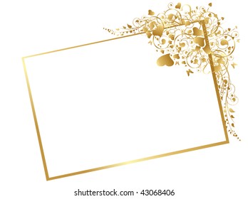 Illustration of floral golden frame with swirls, butterfly and hearts at white background