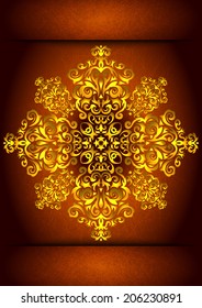Illustration of floral golden ornament  with banners on grunge background 