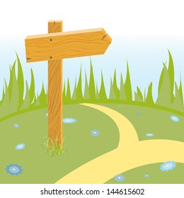Illustration of floral green meadow with a wooden arrow on the background of forest and sky
