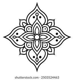 An illustration of a floral Mandala Design in black and white.