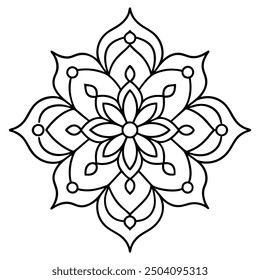 An illustration of a floral Mandala Design in black and white.