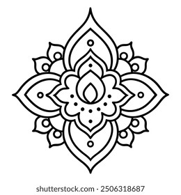 An illustration of a floral Mandala Design in black and white.