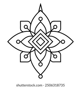 An illustration of a floral Mandala Design in black and white.