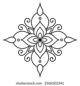 An illustration of a floral Mandala Design in black and white.