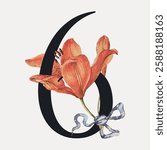 Illustration of a floral number six with a vibrant orange lily and a decorative blue ribbon. Elegant design with a floral theme and artistic elements. Vintage botanical illustration vector.