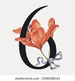 Illustration of a floral number six with a vibrant orange lily and a decorative blue ribbon. Elegant design with a floral theme and artistic elements. Vintage botanical illustration vector.