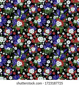 Ilustración de motivos florales con croco y primarosa sobre fondo negro
