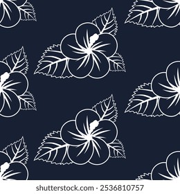 La ilustración para el diseño de patrón floral con líneas blancas sobre fondo azul oscuro.
