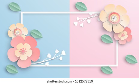 Illustration of Floral rectangle frame with place for text. Spring paper cut frame with flowers. paper cut and craft style. vector, illustration.