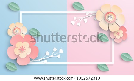 Illustration of Floral rectangle frame with place for text. Spring paper cut frame with flowers. paper cut and craft style. vector, illustration.