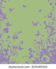 illustration of a floral seamless pattern featuring abstract wildflowers and butterflies.