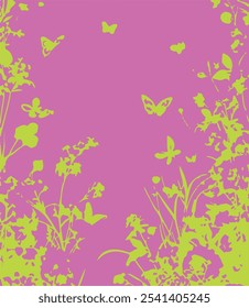 illustration of a floral seamless pattern featuring abstract wildflowers and butterflies.
