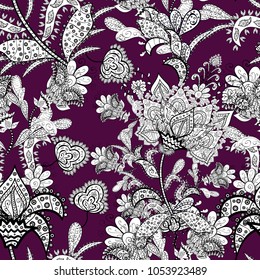 Illustration of floral seamless pattern. Flowers of the valley on white, purple and black colors.