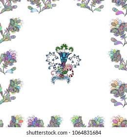 Illustration of floral seamless pattern. Flowers of the valley on white, neutral, blue, green and gray colors.