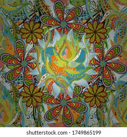 Illustration of floral seamless pattern. Flowers of the valley on neutral, blue and green colors.