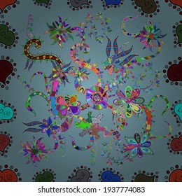 Illustration of floral seamless pattern. Flowers of the valley on blue, green and black colors.