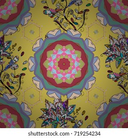 Illustration of floral seamless pattern. Flowers of the valley on yellow, blue and red colors.