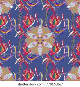 Illustration of floral seamless pattern. Flowers of the valley on violet, magenta and blue colors.