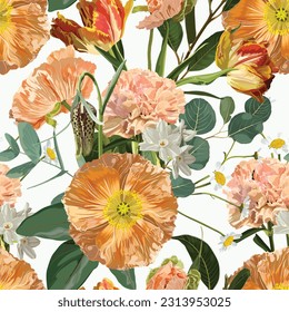 Illustration of floral seamless. Yellow, beige group and isolated poppies and spring tulip, clowe flowers on a white background.  California Poppy, Iceland poppy pattern.