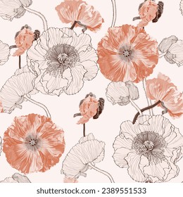 Illustration of floral seamless. Yellow, beige line group and isolated poppies on a beige background.  California Poppy, Iceland poppy pattern.