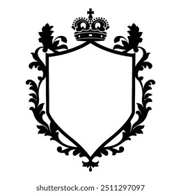 Illustration of floral shield silhouette with crown. Classic heraldic design element