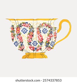 Illustration of a floral teacup with a yellow handle. The teacup features colorful floral patterns, intricate floral designs, and a classic teacup shape. Isolated vintage vector element.