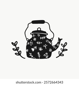 Illustration of a floral teapot with decorative leaves. Black and white teapot with floral design. Simple, elegant teapot art with flowers and leaves. Aesthetic vector illustration isolated on white.