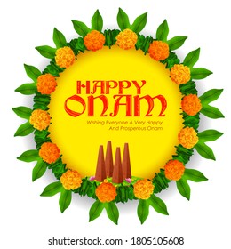 illustration of Floral wreath garland frame on celebration background for Happy Onam festival of South India Kerala