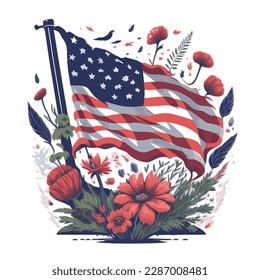 Illustration of a floral wreath with a United States flag in the center, perfect for Memorial Day designs