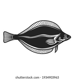 Illustration of flounder fish. Design element for logo, label, sign, emblem, poster. Vector illustration